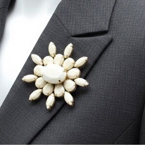 Vintage Sun Starburst Brooch Pin, Gold Plated Metal Cream Plastic Stones 1980s